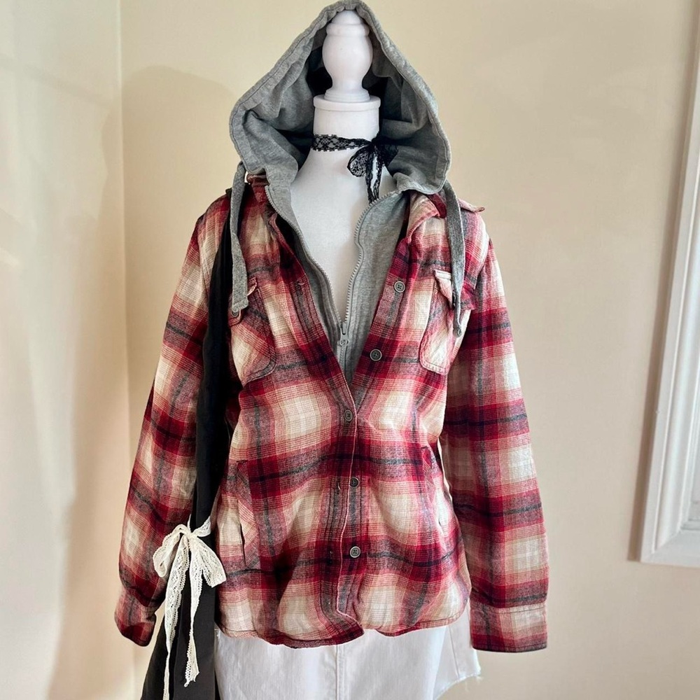 Grunge Plaid Flannel Hoodie Jacket Red White Sherpa Lined Faux Fur Skater L-XL